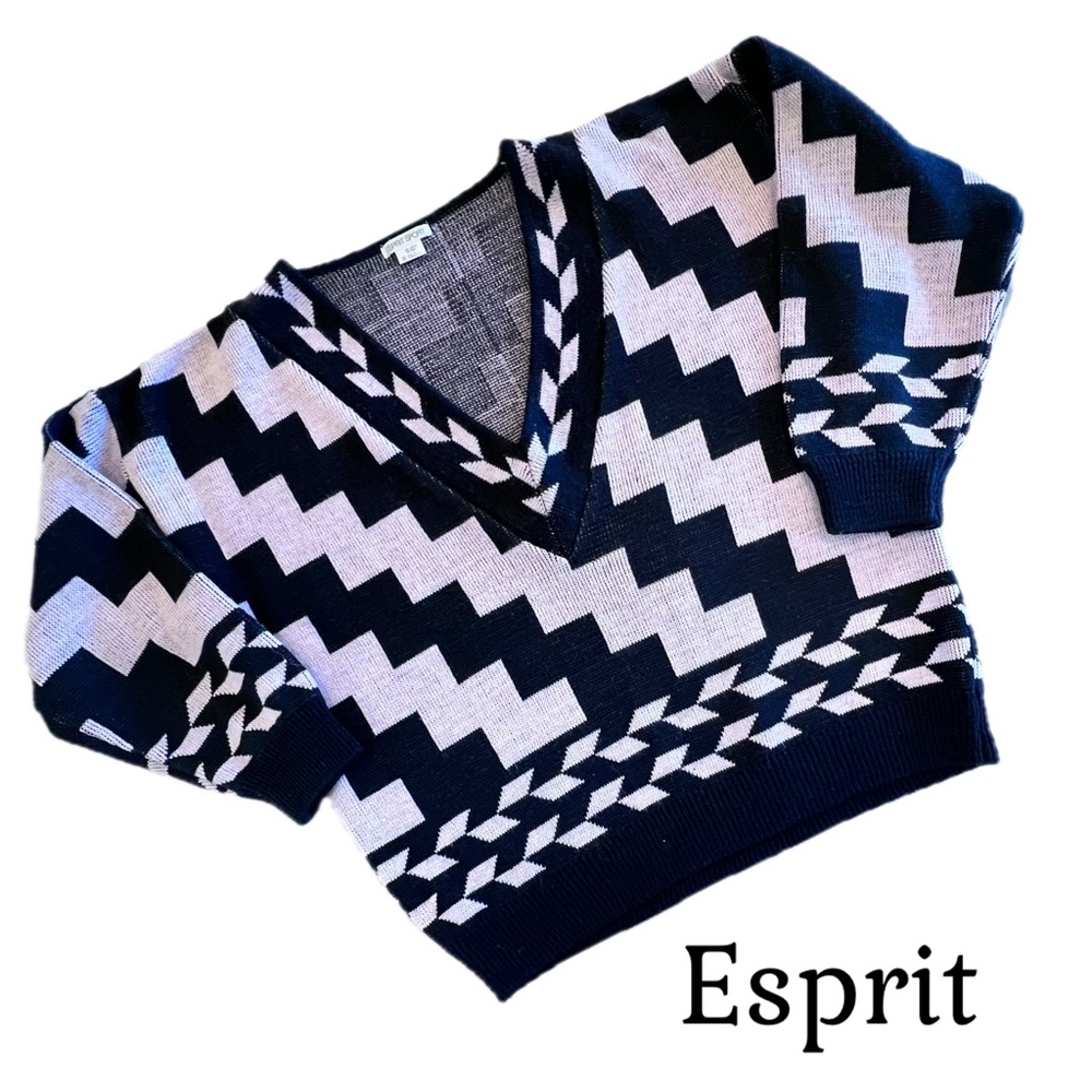 Esprit Sport V-Neck Oversized Boxy Sweater in Black Pink Wool Blend Small